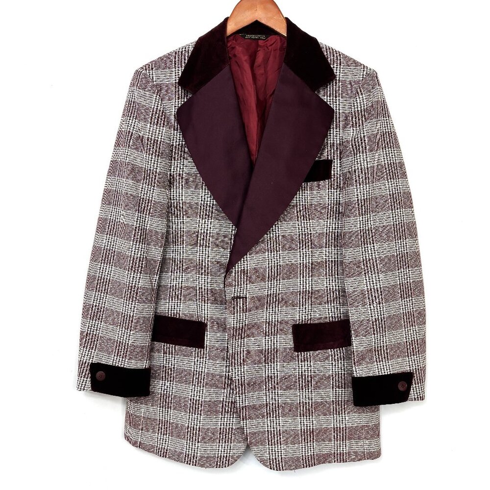 After Six Burgundy Silver Plaid Brocade Tuxedo Prom Formal Jacket Vintage 70’s